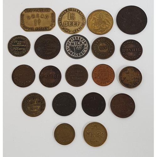 380 - SELECTION OF FOOD AND DRINK TOKENS
including bovril, tea, bread, beef, milk, John Watt tobacconist t... 