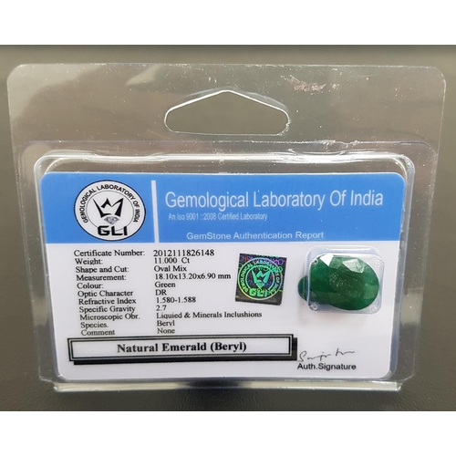 142 - CERTIFIED LOOSE NATURAL EMERALD
the oval cut emerald weighing 11cts, with GLI Gemstone Authenticatio... 