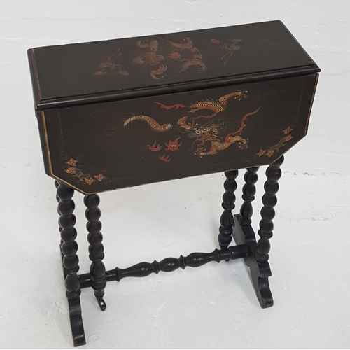 404 - 19th CENTURY CHINESE LACQUERED OCCASIONAL TABLE
with shaped drop flaps decorated with dragons, stand... 