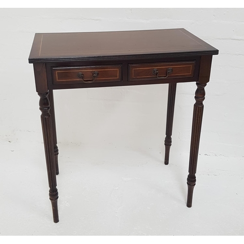 445 - MAHOGANY AND CROSSBANDED SIDE TABLE
with a rectangular top above two panelled frieze drawers, standi... 