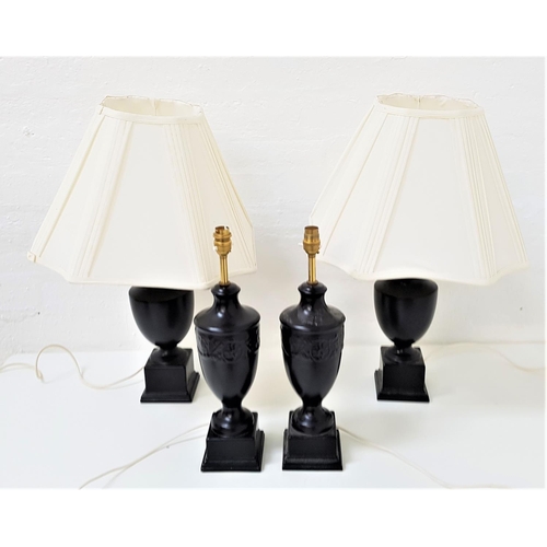 190 - PAIR OF WEDGWOOD FOR JANE CHURCHILL TABLE LAMPS
of urn shape on a plinth base, with shaped off white... 