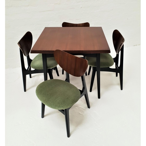 407 - RETRO G PLAN DARK TEAK DRAW LEAF DINING TABLE AND CHAIRS
the table standing on shaped supports, 140c... 