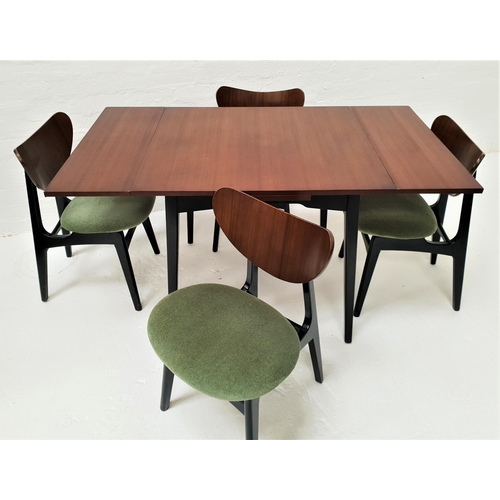 407 - RETRO G PLAN DARK TEAK DRAW LEAF DINING TABLE AND CHAIRS
the table standing on shaped supports, 140c... 