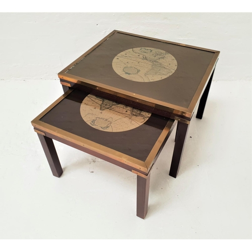 410 - NEST OF TWO MAHOGANY OCCASIONAL TABLES
with map decoration to the square tops, with brass banding, 5... 