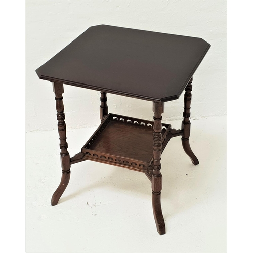 453 - EDWARDIAN OAK WINDOW TABLE
the square top with canted corners, standing on turned supports united by... 