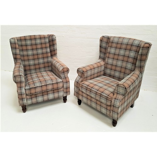 417 - PAIR OF SHETLAND WING BACK ARMCHAIRS
covered in tartan, with padded backs and seat and scroll arms, ... 