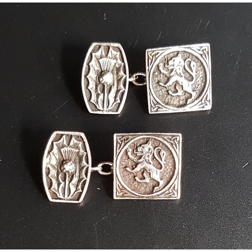99 - PAIR OF JOHN HART IONA SILVER CUFFLINKS
with lion rampant and thistle decoration