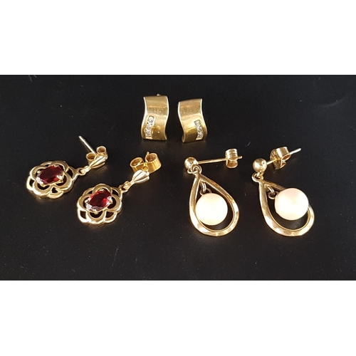 114 - THREE PAIRS OF NINE CARAT GOLD EARRINGS
comprising a pair of pearl set drop earrings, a pair of garn... 