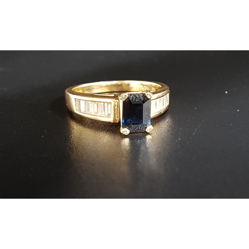 126 - SAPPHIRE AND DIAMOND RING
the central rectangular cut sapphire approximately 0.8cts, flanked by chan... 
