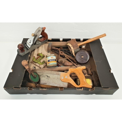 275 - SELECTION OF VINTAGE TOOLS
including a claw hammer, bradle, surveyors tape measure, pliers, set squa... 