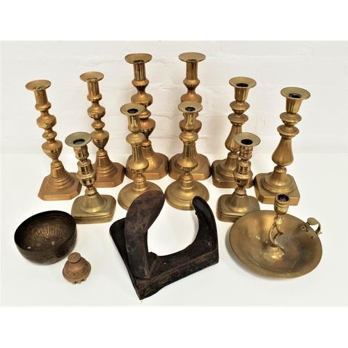 276 - FIVE PAIRS OF KNOPPED CANDLESTICKS
ranging in height from 19.5cm to 31cm high, together with a bell,... 
