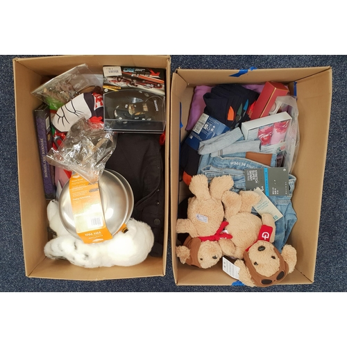 18 - TWO BOXES OF NEW ITEMS
including: teddy bears, nail polish, socks, Zara skirt, jeans, Hedwig owl, fr... 