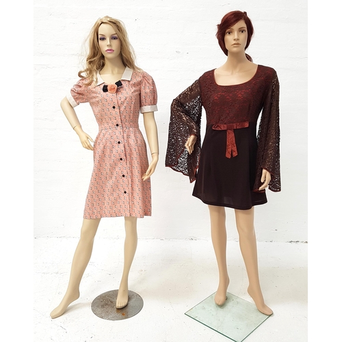 50 - TWO VINTAGE DRESSES
comprising a 1960s mini dress, the bust area with copper coloured satin and brow... 