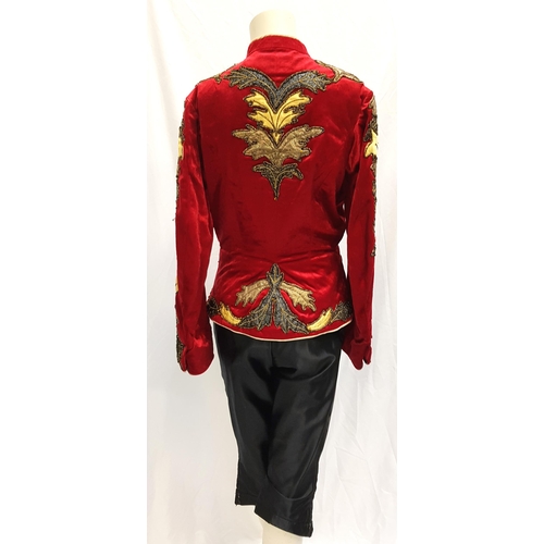 69 - SCOTTISH BALLET - PAQUITA 
the two piece costume comprising a red velvet jacket heavily embossed wit... 
