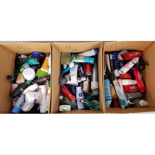 11 - THREE BOXES OF NEW AND USED TOILETRY ITEMS
including Calvin Klein, Victoria's Secret, Vichy, L'Oreal... 
