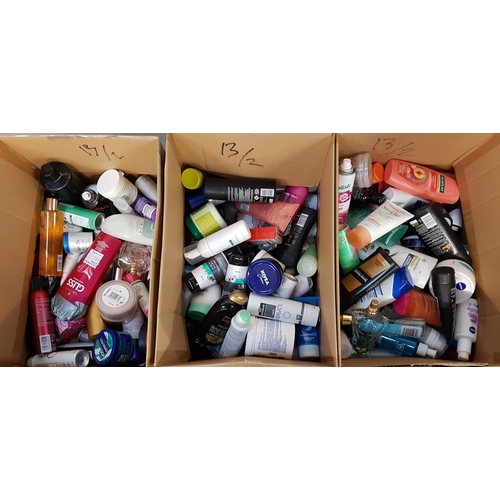 13 - THREE BOXES OF NEW AND USED TOILETRY ITEMS
including Jean Paul Gautier, Guerlaine, Joop, FCUK, Dove,... 