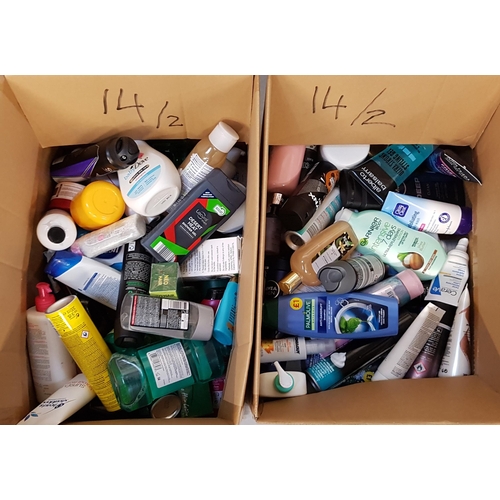 14 - TWO BOXES OF NEW AND USED TOILETRY ITEMS
including John Frieda, Got2be, Albert Balsam, Lee Stafford,... 