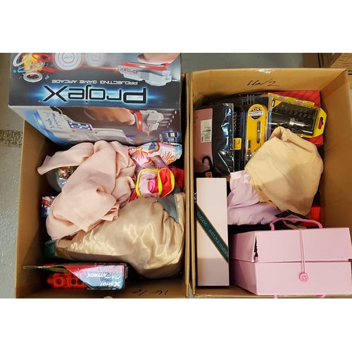16 - TWO BOXES OF NEW ITEMS
including snow globes, a boxed doll, toiletries, clothing, screwdriver set, a... 