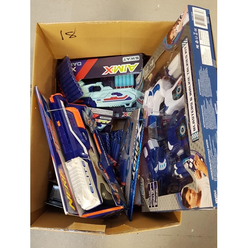 18 - ONE BOX OF NEW TOYS
including Nerf, Blasters and Walkie Talkie Kit, etc.