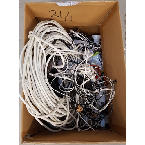 21 - ONE BOX OF CABLES, CHARGERS, CONNECTORS, POWER BANKS AND ADAPTERS
including 2 power banks