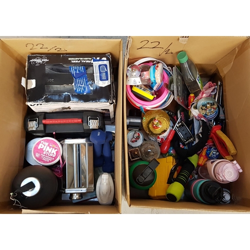 22 - TWO BOXES OF MISCELLANEOUS ITEMS
including a past maker, snow globes, weights, VR Real Feel Alien Bl... 