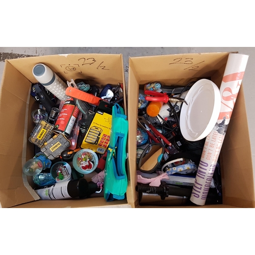 23 - TWO BOXES OF MISCELLANEOUS ITEMS
including snow globes, Bosch drill and sander, Makitta drill, other... 