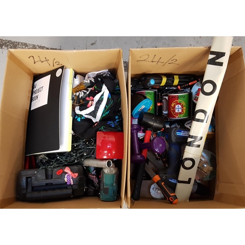 24 - TWO BOXES OF TOOLS AND OTHER MISCELLANEOUS ITEMS
including snow globes, socket sets, DeWalt Green Be... 
