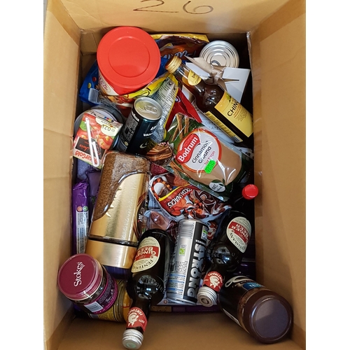 26 - ONE BOX OF CONSUMABLE ITEMS
including coffee, ginger beer, biscuits, mustard, marmalade, soup, choco... 