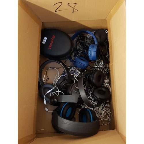 28 - ONE BOX OF BRANDED AND UNBRANDED HEADPHONES
on ear and in ear, including: Rydohi, Goodmans, No Fear,... 