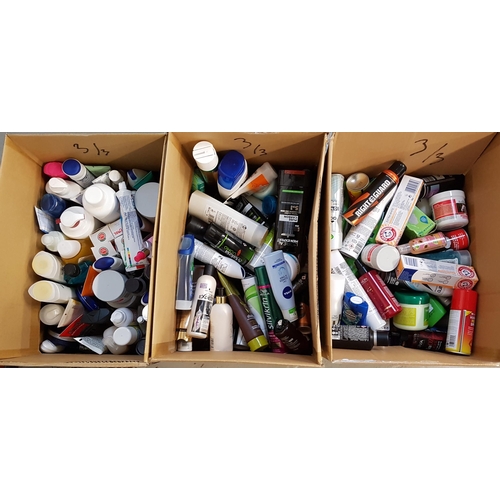 3 - THREE BOXES OF NEW AND USED TOILETRY ITEMS
including Victoria's Secret, Revlon, Adidas, Palmolive, S... 