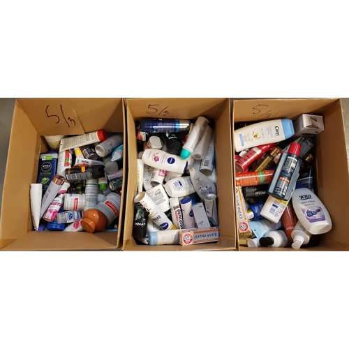 5 - THREE BOXES OF NEW AND USED TOILETRY ITEMS
including Victoria's Secret, Gucci, Lynx, Gilette, Sure, ... 