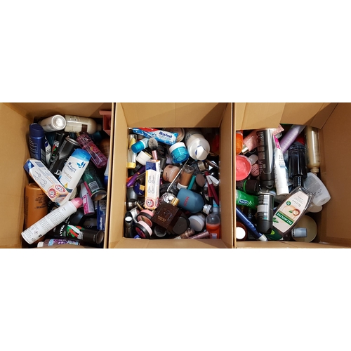 6 - THREE BOXES OF NEW AND USED TOILETRY ITEMS
including Versace, Hugo boss, Mac, Yves Saint Laurent, Ly... 