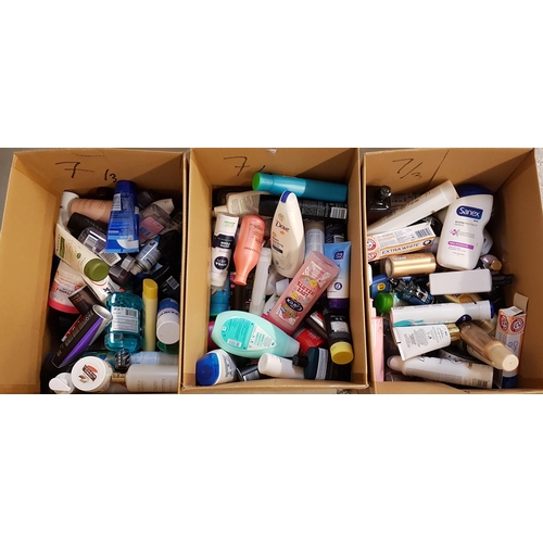 7 - THREE BOXES OF NEW AND USED TOILETRY ITEMS
including Champneys, L'Oreal, Lynx, Nivea, Dove, Bayliss ... 