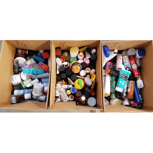 8 - THREE BOXES OF NEW AND USED TOILETRY ITEMS
including Body Shop, L'Oreal, Nivea, Dove, Lynx, Bayliss ... 