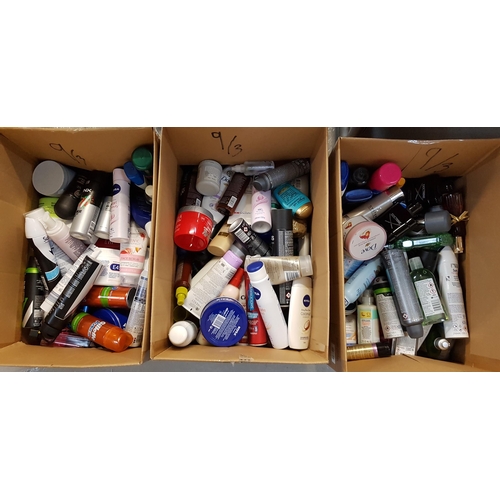 9 - THREE BOXES OF NEW AND USED TOILETRY ITEMS
including Dove, Sure, L'Occitane, L'Oreal, Nivea, Clarins... 