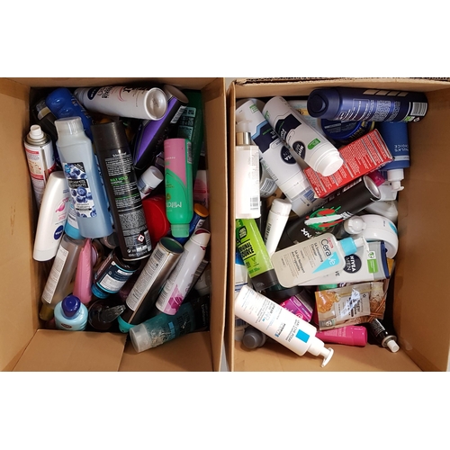 48 - TWO BOXES OF NEW AND USED TOILETRY ITEMS
Including: Original Source, Johnstones, Mitchum, Soft & Gen... 