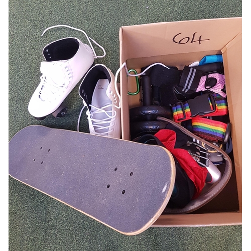 47 - ONE BOX OF SPORTS AND LEISURE ITEMS
including a pair of roller skates (size 8), skateboard, weight l... 