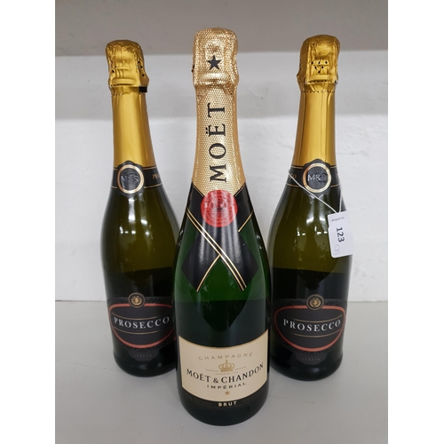 123 - ONE BOTTLE OF CHAMPAGNE AND TWO BOTTLES OF PROSECCO
comprising one bottle of Moet & Chandon Brut Cha... 