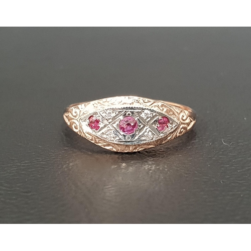 59 - RUBY AND DIAMOND CLUSTER RING
the three rubies separated by small diamonds, on nine carat gold shank... 