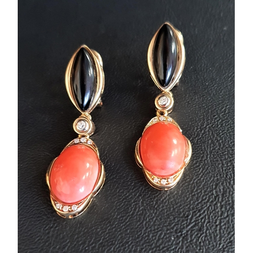 67 - PAIR OF UNUSUAL CORAL, ONYX AND DIAMOND DROP EARRINGS
the marquise shaped onyx on each above a bezel... 