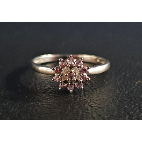 114 - WHITE AND PINK DIAMOND CLUSTER RING
on nine carat white gold shank, ring size N-O