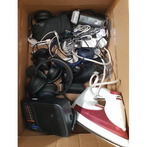 103 - ONE BOX OF CABLES, CHARGERS, CONNECTORS, POWER BANKS, ADAPTERS AND ELECTRICAL ITEMS
including: Radio... 