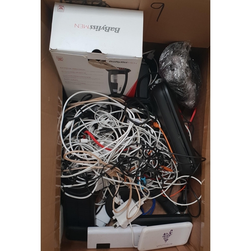 9 - ONE BOX OF CABLES, CHARGERS, CONNECTORS, POWER BANKS, ADAPTERS AND ELECTRICAL ITEMS
Including: Power... 