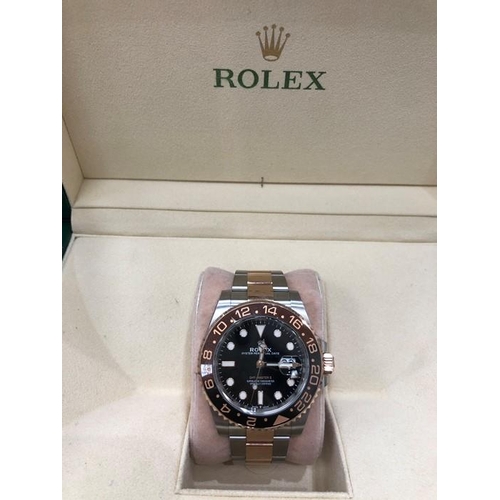 Rolex GMT-Master II Rootbeer Rose Gold Oyster Perpetual 126711CHNR  In mint condition all original parts Comes accompanied with original Box and original Paperwork and additional links. For additional information/photos please email info@plakasauctions.com