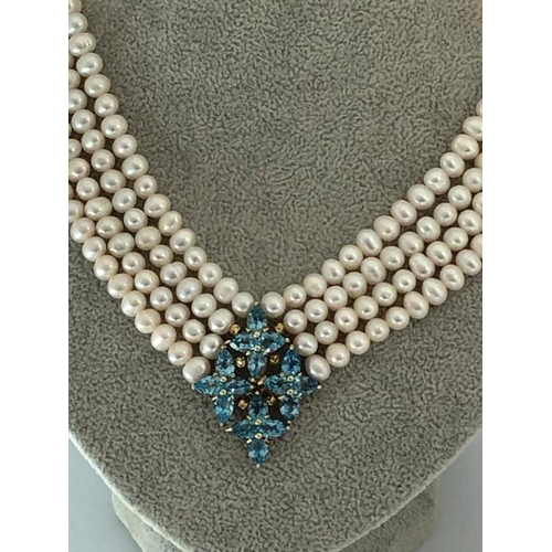 6 - freshwater pearl necklace (4 rows) with topazes and rubies;silver gold plated; around 20 inches