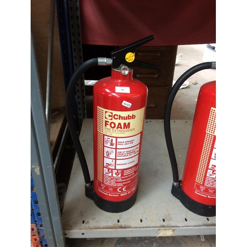 A CHUBB, FULL, 2KG CARBON DIOXIDE FIRE EXTINGUISHER AND TWO CHUBB 6