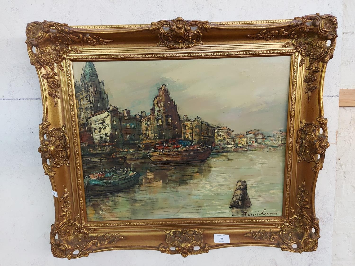 a-gilt-framed-20th-century-oil-on-board-of-a-french-harbour-scene-by