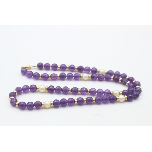 19 - A pearl and amethyst single strand necklace with 9ct gold clasp and beads - approx. gross weight 20.... 