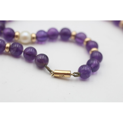 19 - A pearl and amethyst single strand necklace with 9ct gold clasp and beads - approx. gross weight 20.... 