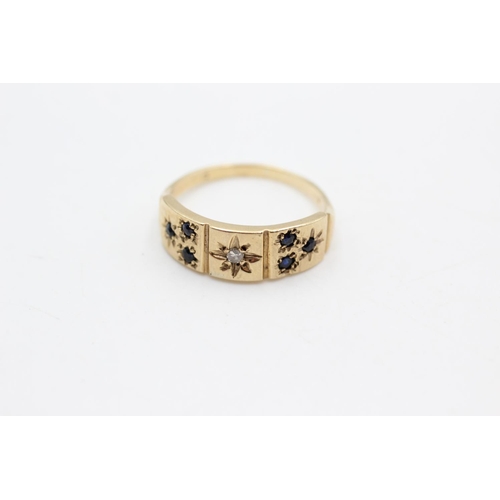 3 - A 9ct gold sapphire and diamond seven stone star etched gypsy setting ring, size R - approx. gross w... 